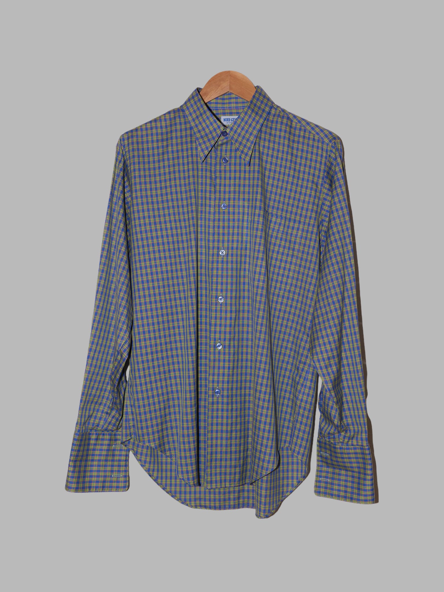 Kenzo Homme 1990s blue green cotton check shirt - size 3 L M