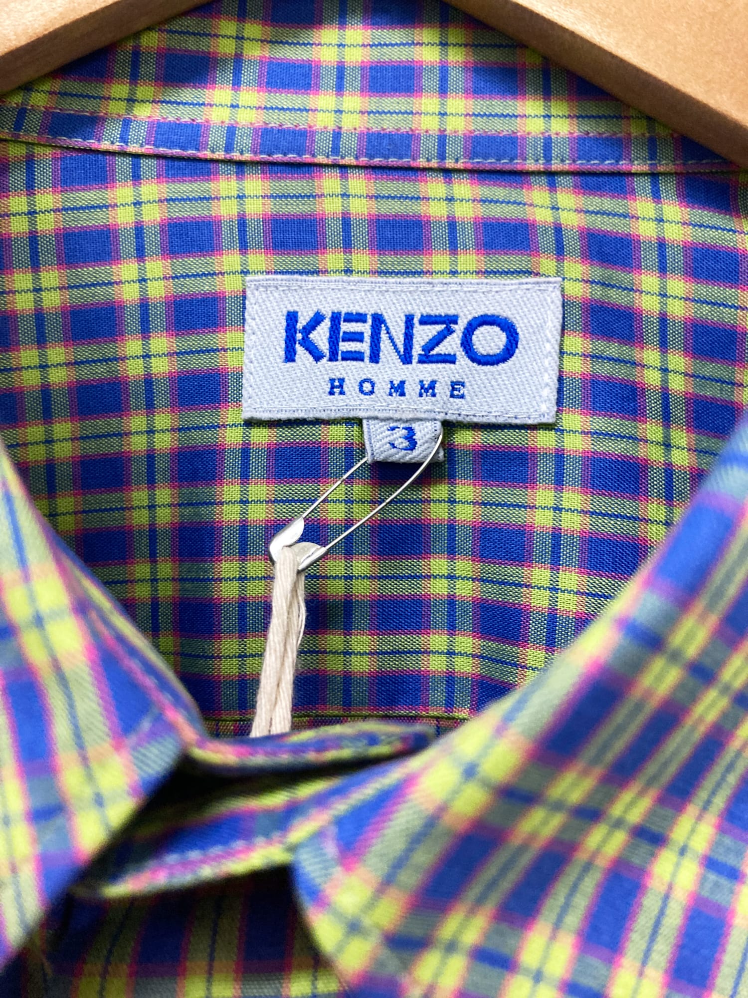 Kenzo Homme 1990s blue green cotton check shirt - size 3 L M