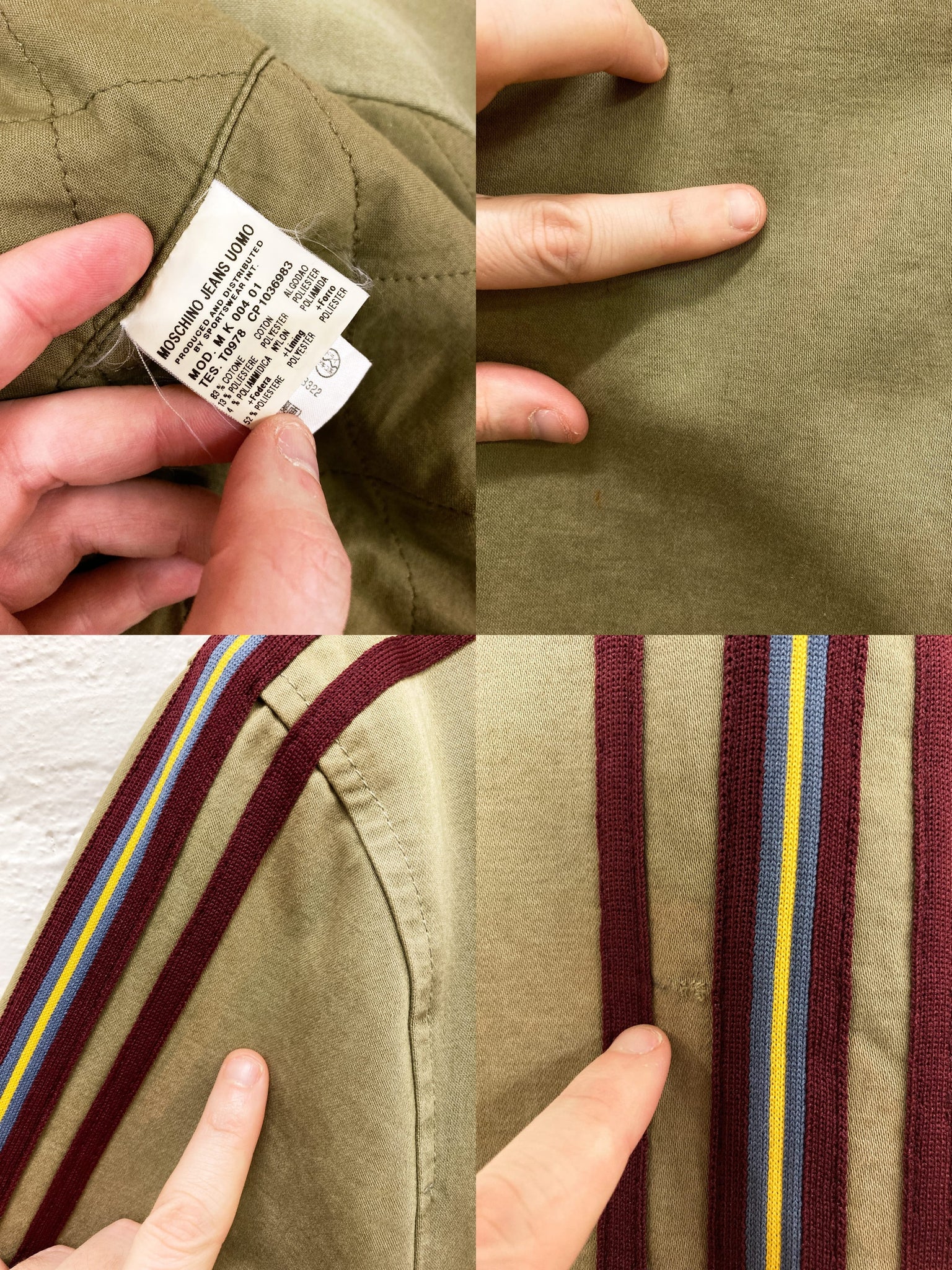 Moschino Jeans 1990s padded khaki cotton striped sleeve coat - size 50