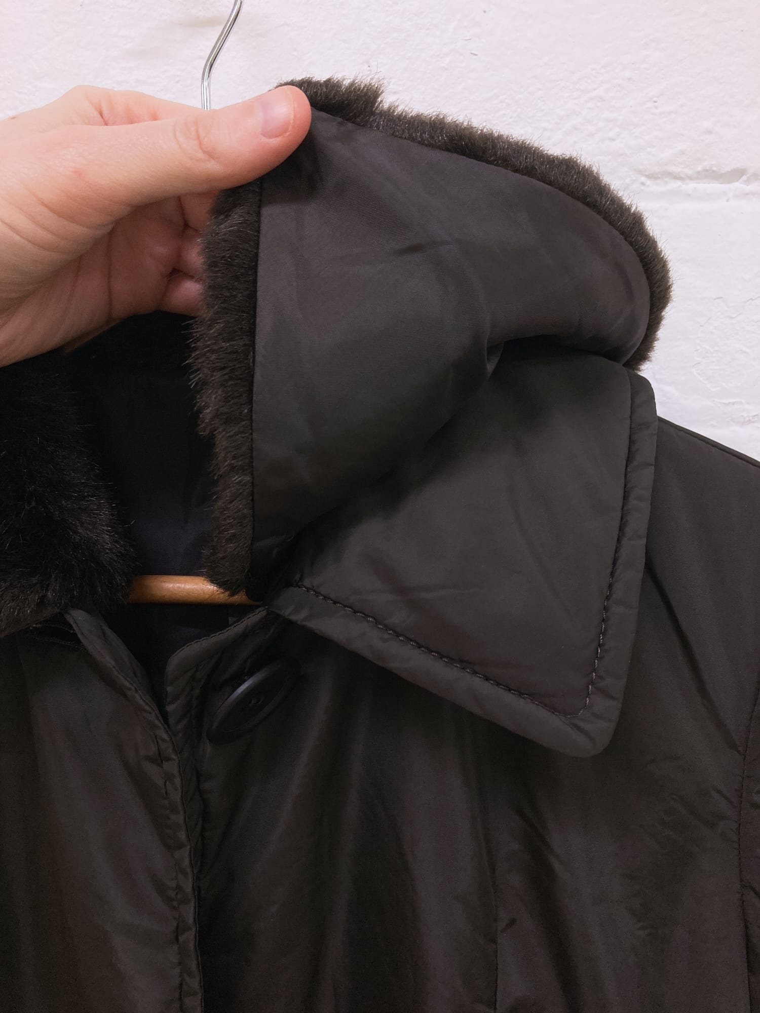 A.T. Atsuro Tayama dark brown nylon coat with detachable faux fur collar