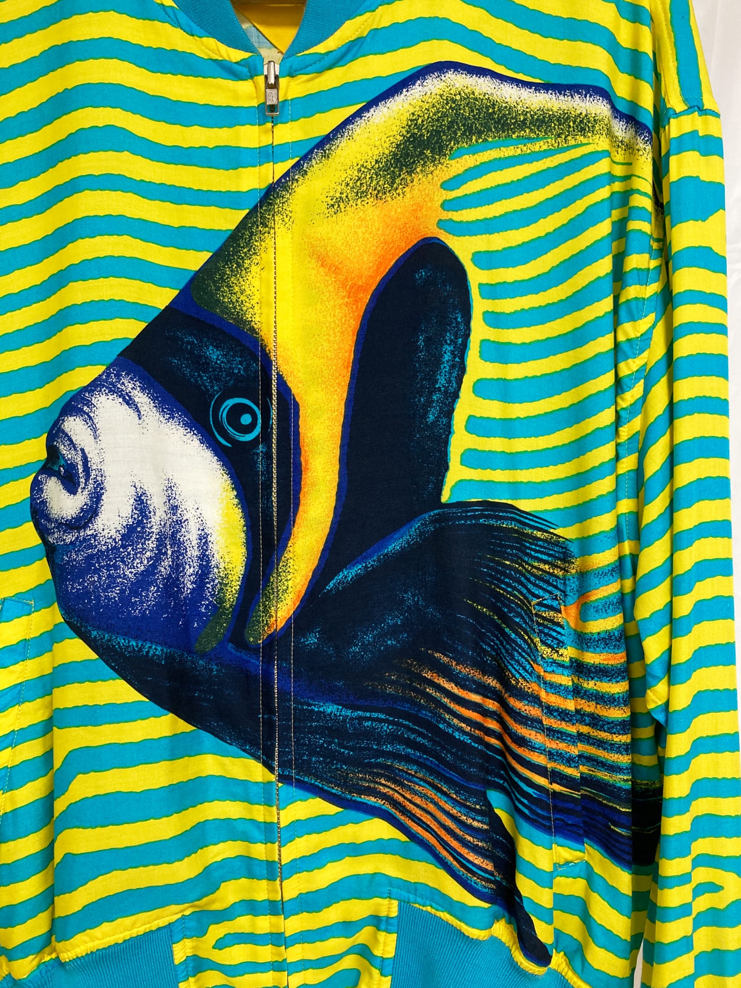 KENZO PARIS アーカイブ 魚プリント ブルゾン 希少　80s Kenzo 1980s blue yellow zebra stripe queen angel fish print bomber