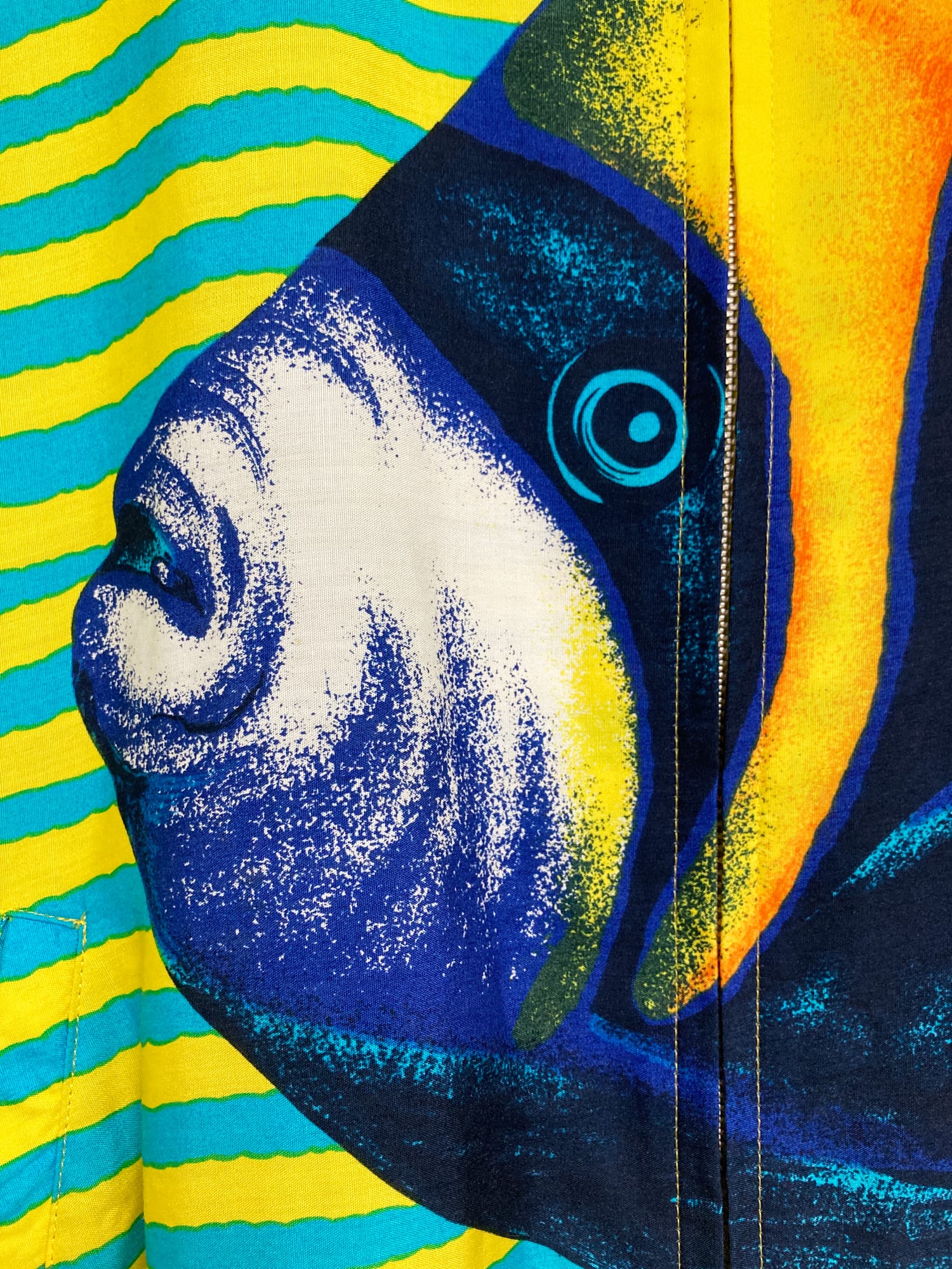 Kenzo 1980s blue yellow zebra stripe queen angel fish print bomber