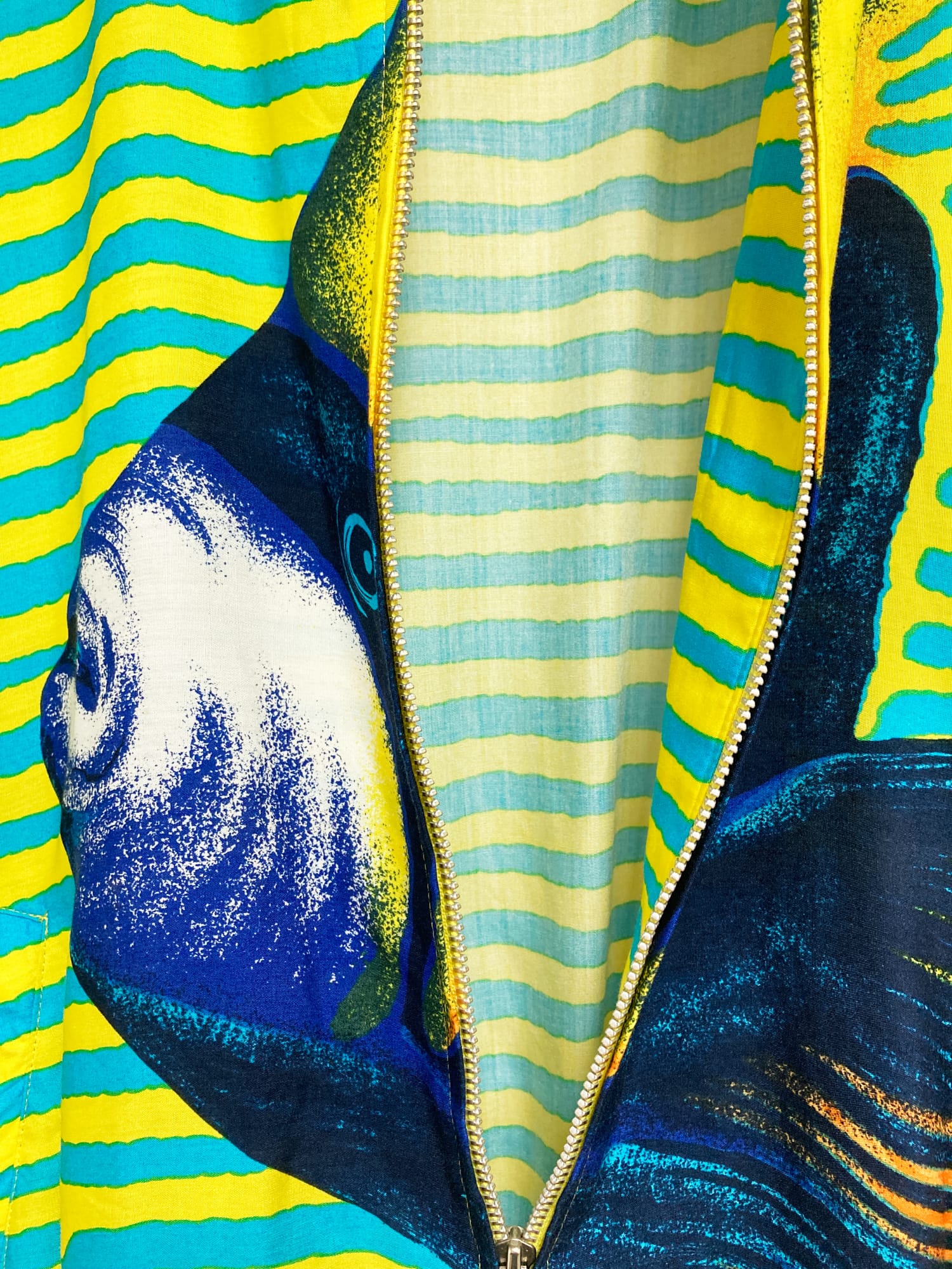 Kenzo Paris 1980s blue yellow zebra stripe queen angel fish print bomber jacket