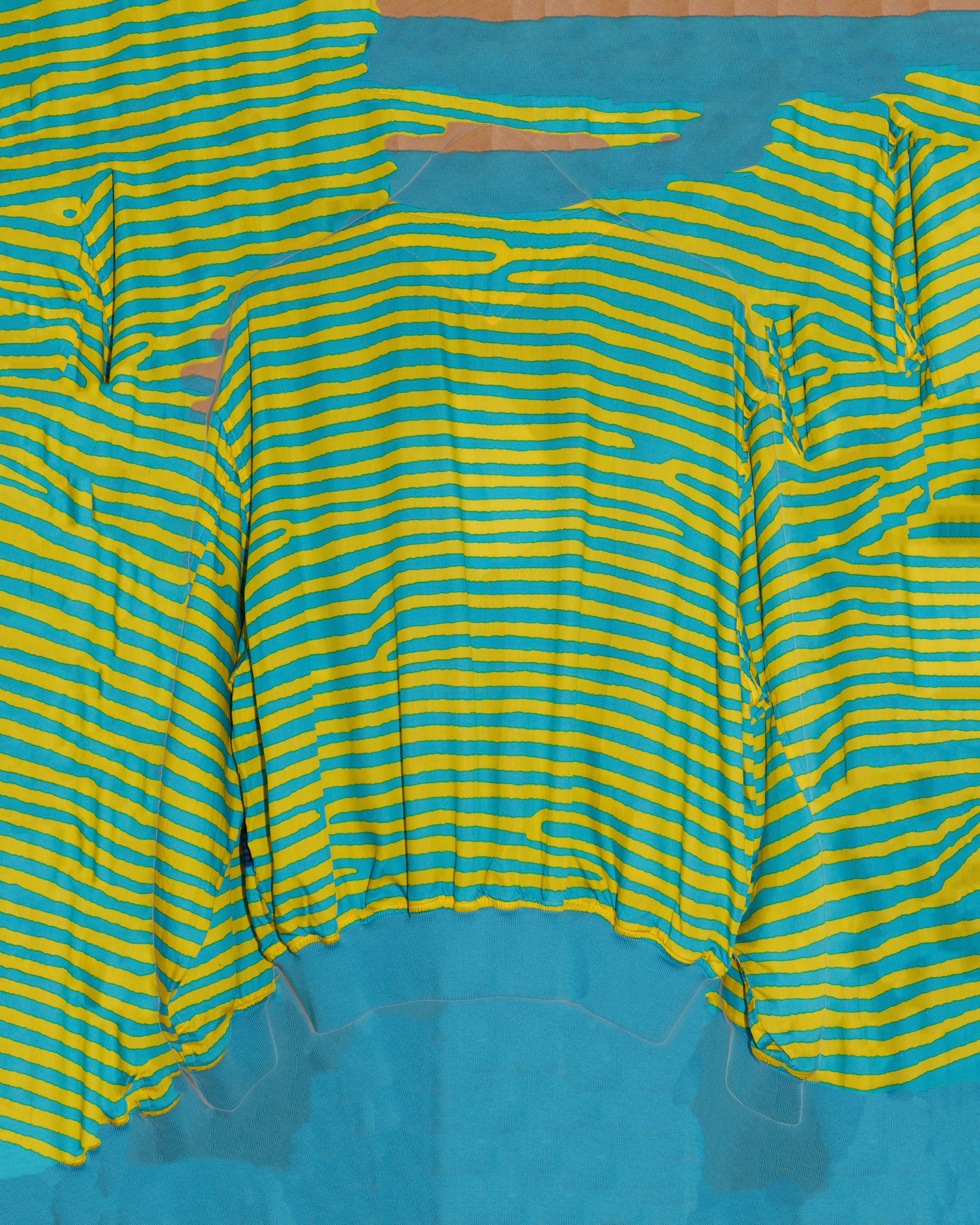 Kenzo 1980s blue yellow zebra stripe queen angel fish print bomber