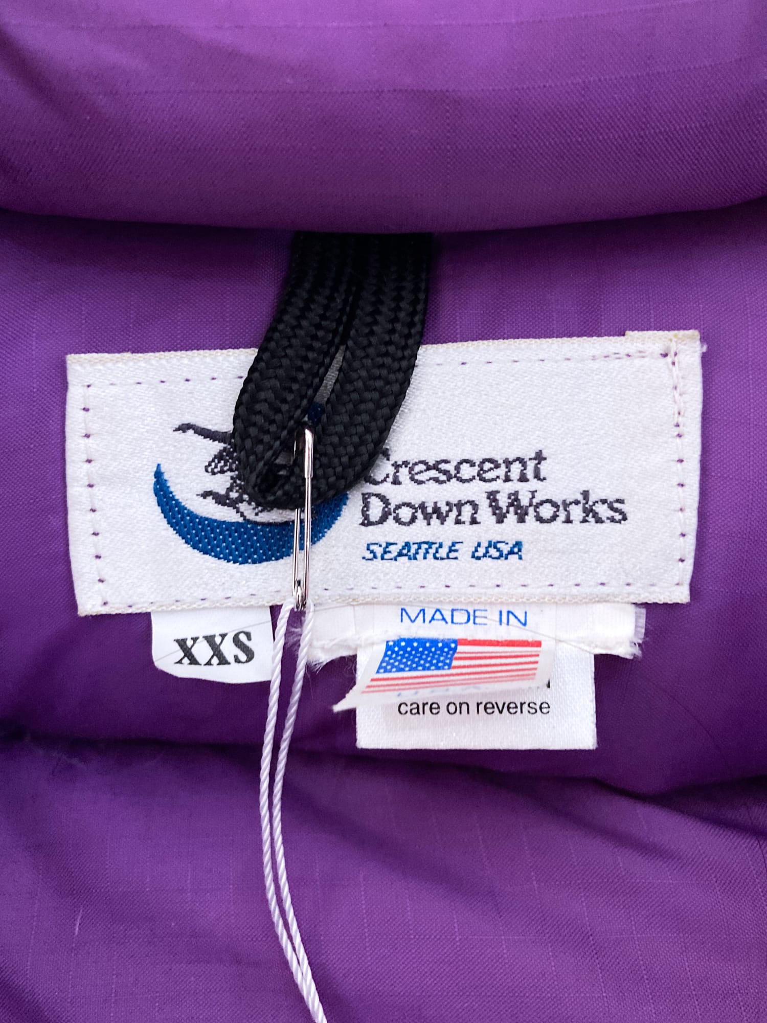 Crescent Down Works purple nylon down hooded puffer jacket