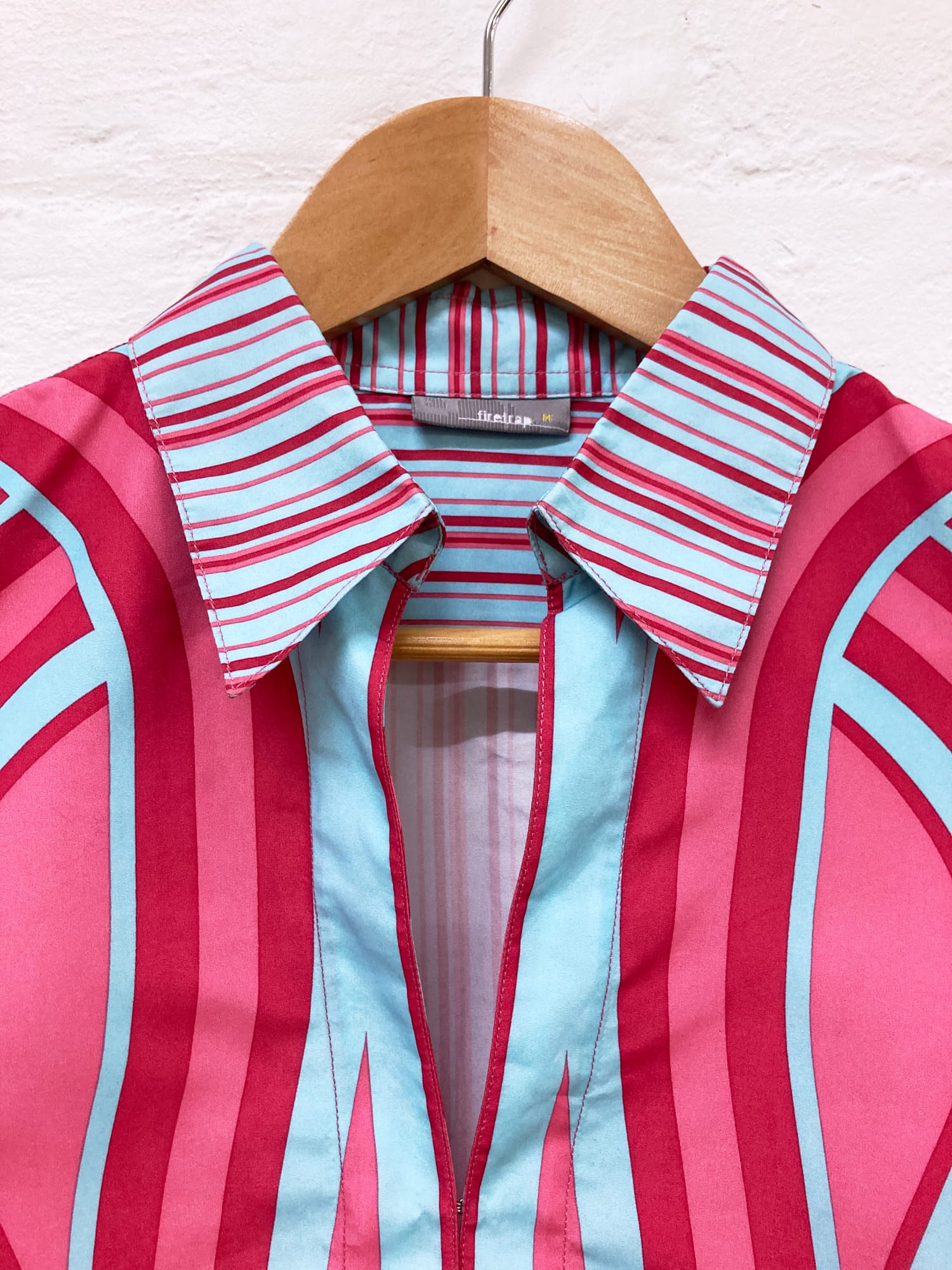 Firetrap spring 2003 blue pink striped polyester clasp neck top