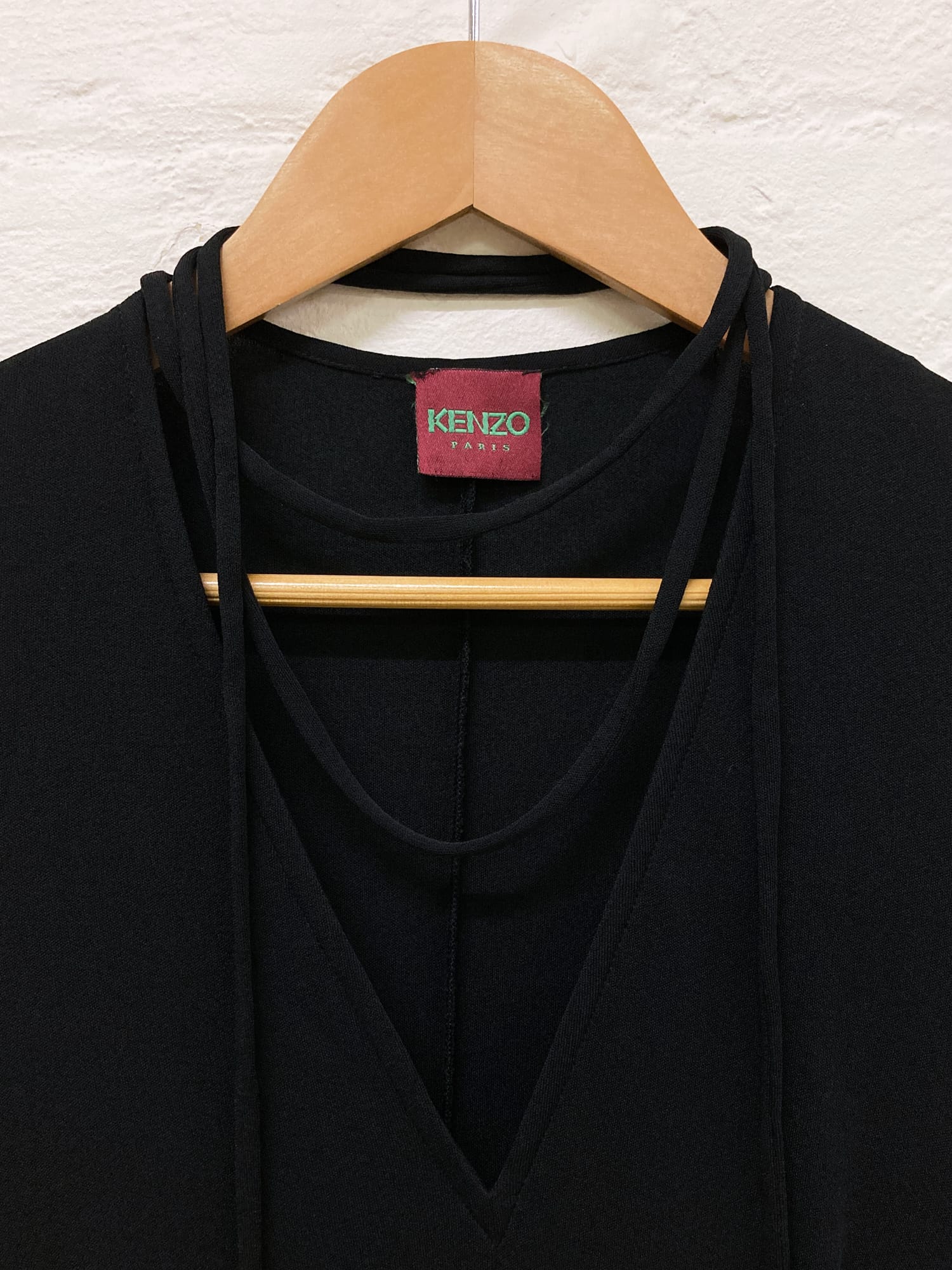 Kenzo Paris 1990s black knit v-neck maxi dress with ties