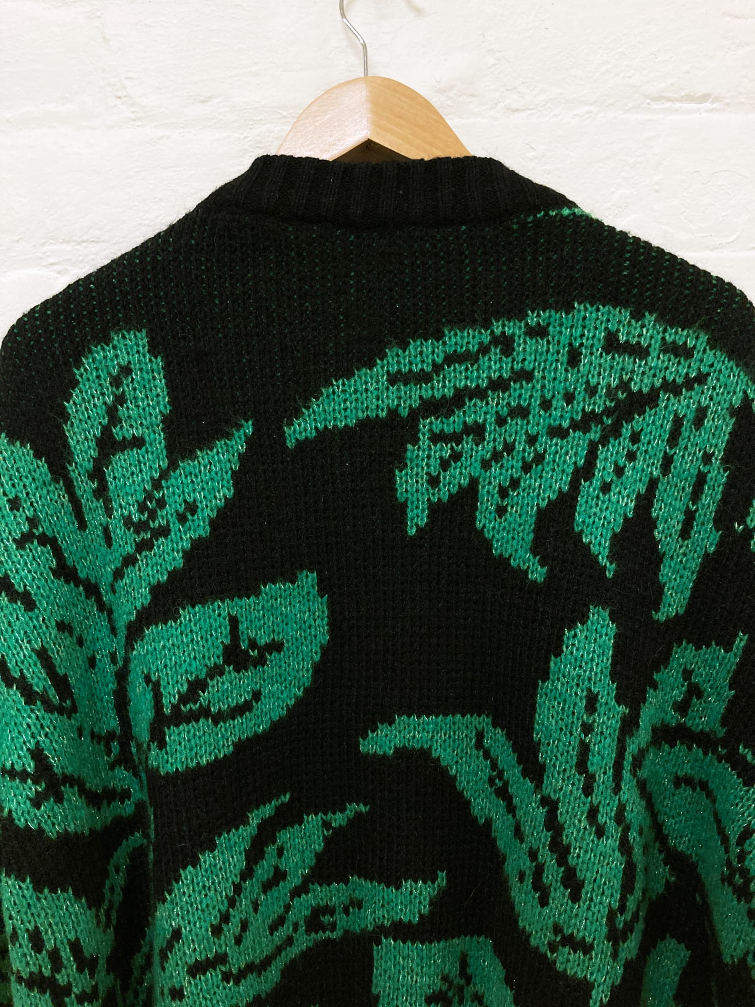 Missoni 1980s black green wool-acrylic leaf pattern open cardigan