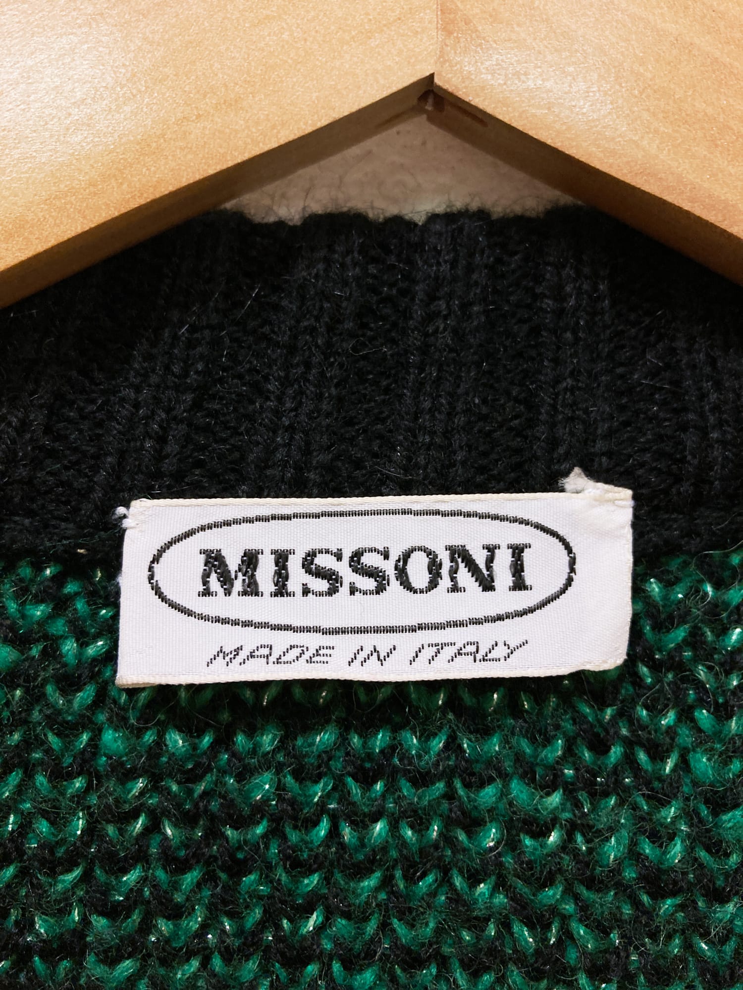 Missoni 1980s black green wool-acrylic leaf pattern open cardigan