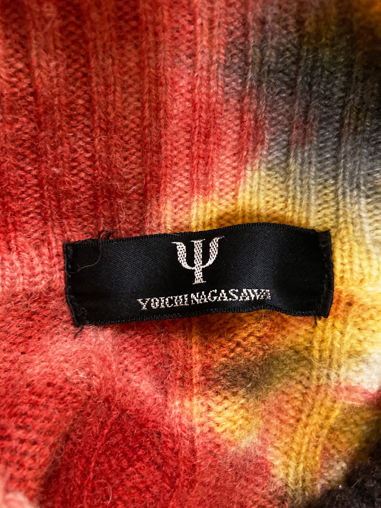 Yoichi Nagasawa 1990s red multicolour tie dye wool cable knit turtleneck jumper