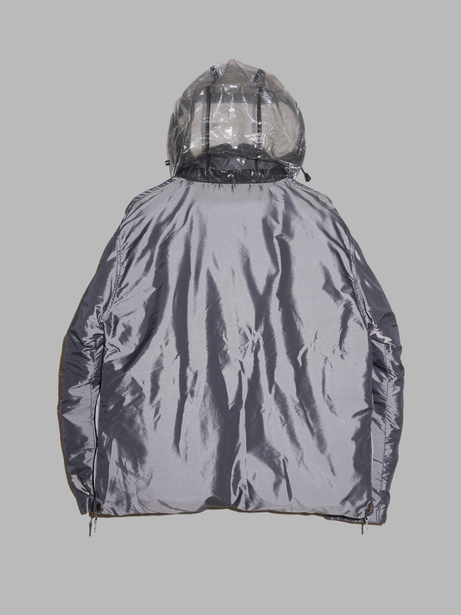 Kenzo Homme 1990s silver down puffer jacket with clear plastic hood