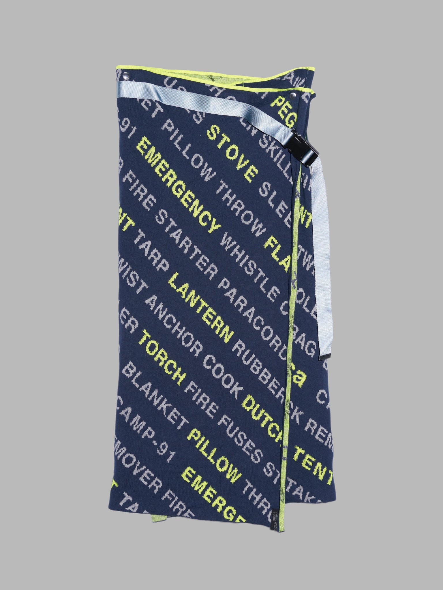 Zucca navy wrap skirt or blanket with text of camping equipment - M