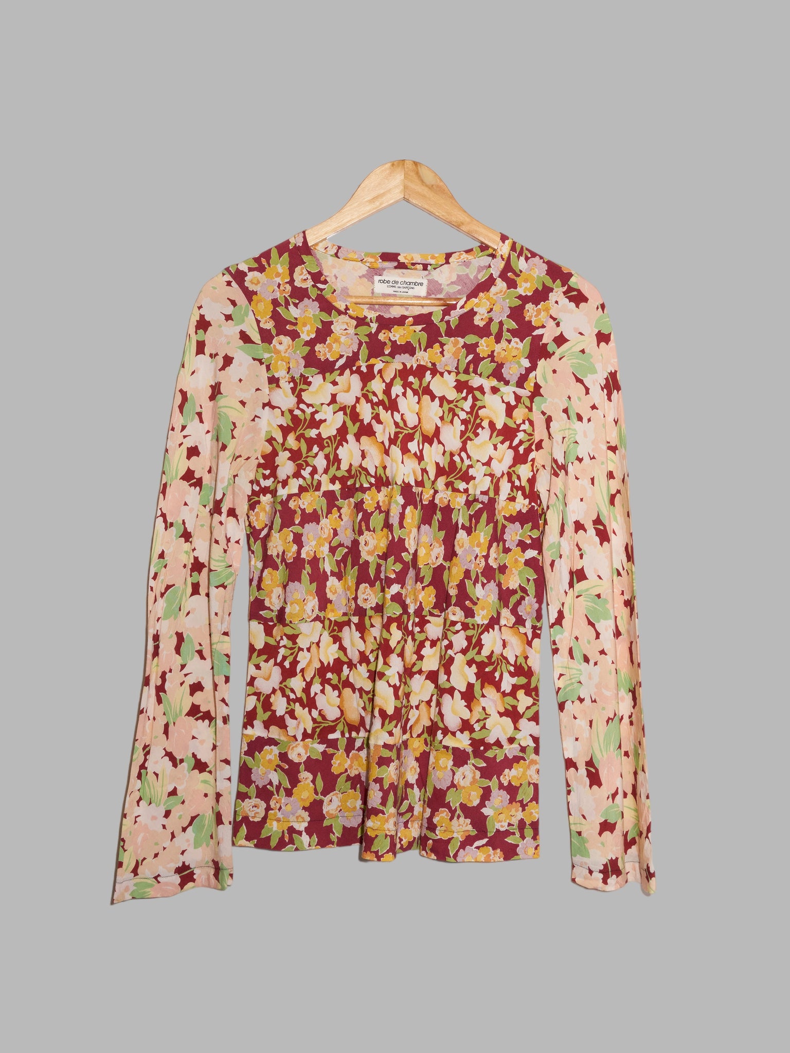 Comme des Garcons 1993 burgundy rayon floral print long sleeve top